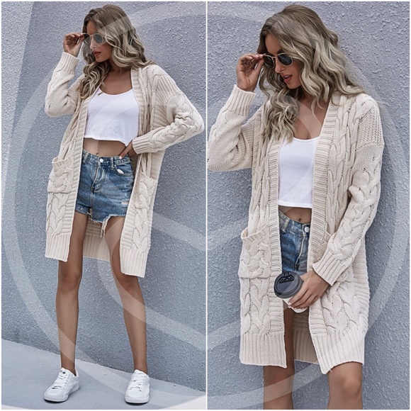 beige  chunky knit cable open long cardigan fall - Picture 4 of 6
